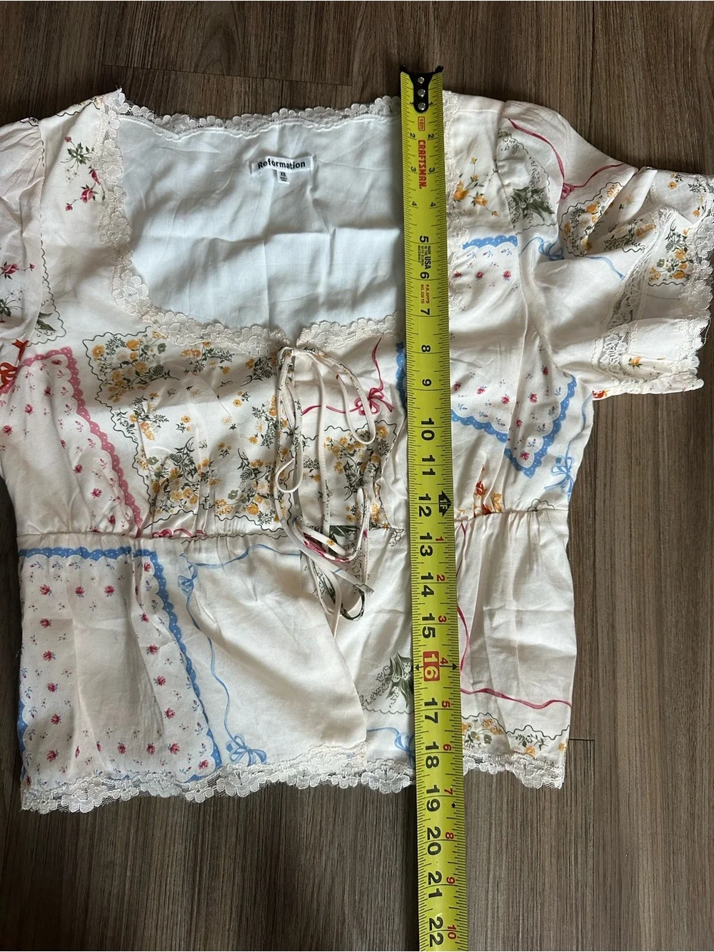 Reformation Margot top. Tie-Front Floral Patchwork Blouse